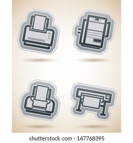 Computer parts and accessories, pictured here from left to right, top to bottom:  Laserjet Printer, Heavy duty Laserjet Printer, Inkjet Printer, Plotter. 