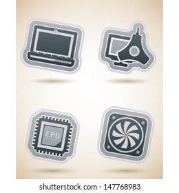 Computer parts and accessories, pictured here from left to right, top to bottom:  Laptop, Color Profile Monitor Calibrator, CPU Processor, Mainboard Fan. 