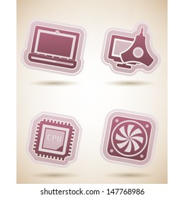 Computer parts and accessories, pictured here from left to right, top to bottom:  Laptop, Color Profile Monitor Calibrator, CPU Processor, Mainboard Fan. 