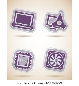 Computer parts and accessories, pictured here from left to right, top to bottom:  Laptop, Color Profile Monitor Calibrator, CPU Processor, Mainboard Fan. 