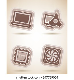 Computer parts and accessories, pictured here from left to right, top to bottom:  Laptop, Color Profile Monitor Calibrator, CPU Processor, Mainboard Fan. 