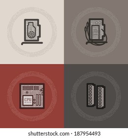 Computer parts and accessories, pictured here from left to right -  Graphics Card, TV Card, Mainboard, Memory Modules.