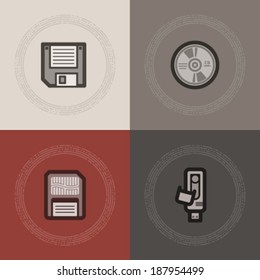 Computer parts and accessories, pictured here from left to right -  3,5' diskette, CD-ROM disk, Memory Card, Pen Drive.