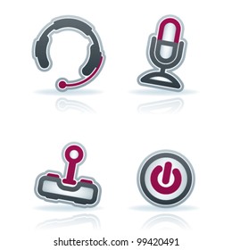 Computer parts and accessories, pictured here from left to right: Headphones, Microphone, Joystick, Power button.