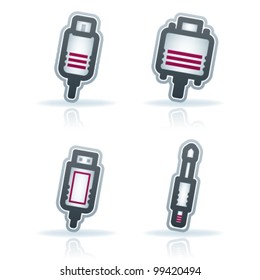 Computer parts and accessories, pictured here from left to right: FireWire plug, Computer VGA Screen plug, USB plug, Mini-jack plug.