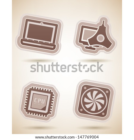 Computer parts and accessories, pictured here from left to right, top to bottom:  Laptop, Color Profile Monitor Calibrator, CPU Processor, Mainboard Fan. 