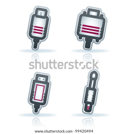 Computer parts and accessories, pictured here from left to right: FireWire plug, Computer VGA Screen plug, USB plug, Mini-jack plug.