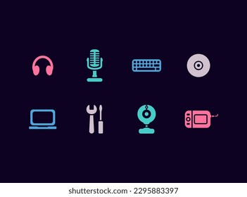 Juego de iconos vectoriales de piezas y accesorios de computadora. Iconos de dispositivos electrónicos.