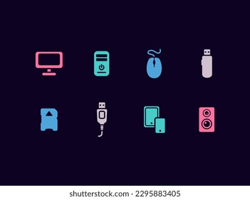 Juego de iconos vectoriales de piezas y accesorios de computadora. Iconos de dispositivos electrónicos.