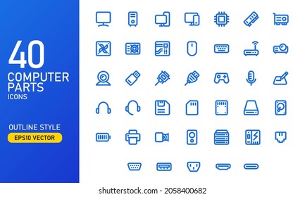 Computer parts and components icon set. Computer hardware outlined icon collection. Suitable for design element of computer app software and technology infographic.