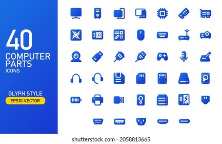 Computer Parts And Components Icon Set. Computer Hardware Glyph Icon Collection. Suitable For Design Element Of Computer App Software And Technology Infographic.