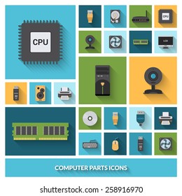 Computer Parts Decorative Icons Set With Processor Camera Keyboard Isolated Vector Illustration