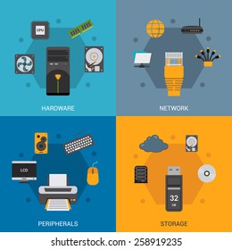 Computer Parts Design Concept Set With Hardware Network Peripherals Storage Flat Icons Isolated Vector Illustration