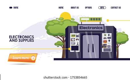 Las piezas de computadoras, los productos electrónicos y los suministros compran ilustraciones vectoriales. Sitio web de la tienda, página de catálogo en línea producto gadget. Equipo de construcción para la venta y partículas para dispositivos electrónicos.