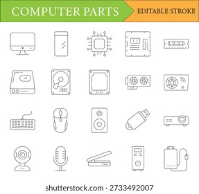 Conjunto de ícones de linha de peças de computador e hardware - 20 ícones de contorno de vetor com traço editável
