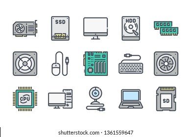 Computer parts and Hardware related color line icon set. Electronic components outline vector icons.