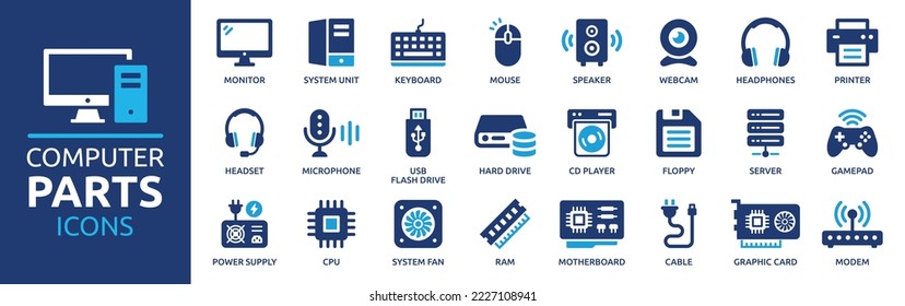 Conjunto de iconos de piezas de equipo. Iconos de componentes del equipo que contienen monitor, servidor, cpu, disco duro, ram, webcam, impresora y más. Colección de iconos sólidos.