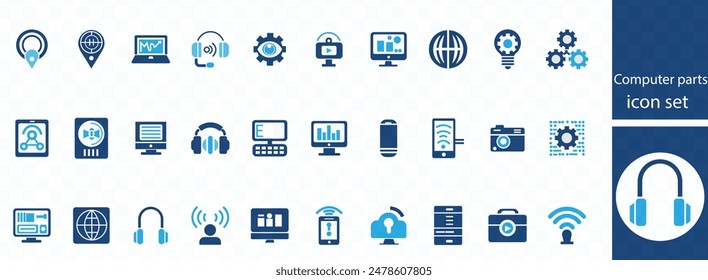 Computer parts icon set. Computer components icons containing monitor, server, cpu, hard drive, ram, webcam, printer and more. Solid icon collection