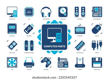 Computer Parts icon set. Motherboard, Video Card, Cables, Headphones, SSD Drive, Printer, Power Supply, CPU. Duotone color solid icons