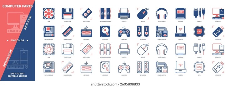 Computer Parts icon set. Motherboard, Video Card, Cables, Headphones, SSD Drive, Printer, Power Supply, CPU. Duotone color solid and editable outline icons
