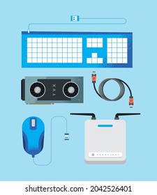 computer parts icon set on blue background