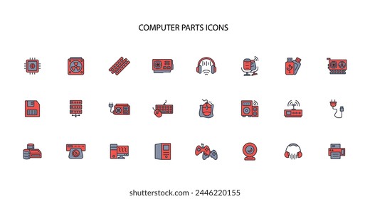 Computerteile-Symbolsatz.Vektorgrafik.Editierbarer Strich.Lineares Stilzeichen zur Verwendung Webdesign,Logo.Symboldarstellung.