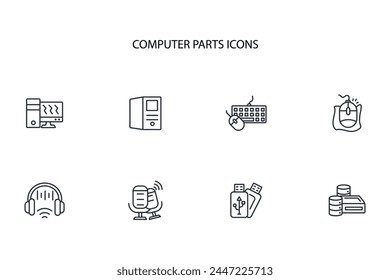 Conjunto de iconos de piezas de ordenador.Vector.Trazo editable.signo de estilo lineal para el uso de Diseño web,logo.Ilustración de símbolo.