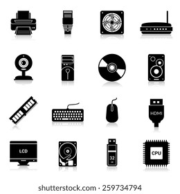 Computer parts icons black set with monitor modem keyboard isolated vector illustration