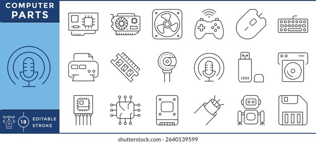 Computer parts icons Pack. 18 line icons. Vector editable stroke. Computer, CPU, cooler, storage device, input, output.