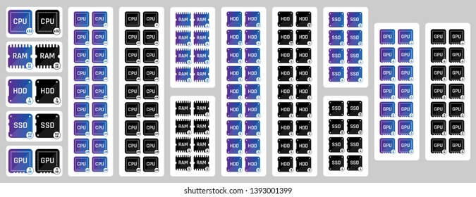 Computer parts icons set. CPU, RAM, HDD, SSD, GPU. Different specifications. Vector illustration EPS10.