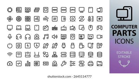 Computer parts icons set. Set of pc hardware, cpu, motherboard, gpu, ssd, hdd, mouse, keyboard, flash drive, pc cooler, usb cable, computer accessories vector icon with editable stroke