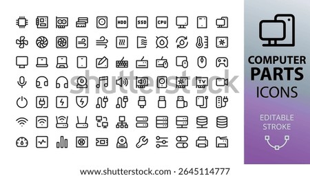 Computer parts icons set. Set of pc hardware, cpu, motherboard, gpu, ssd, hdd, mouse, keyboard, flash drive, pc cooler, usb cable, computer accessories vector icon with editable stroke