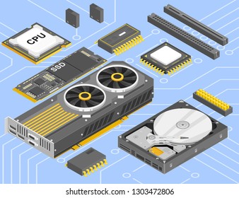 Computer parts isometric set. Different hardware parts and components of personal computer: cpu, ssd, hard disk, microchips, graphics card and other. Isometric 3d computer parts