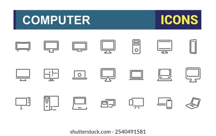 Conjunto de ícones da Web da linha de Componentes de Computador. Relacionado ao símbolo, rom, tecnologia, fio, internet, fone de ouvido, webcam, fonte de alimentação. Coleção de símbolos de tópicos. Traçado vetorial editável.