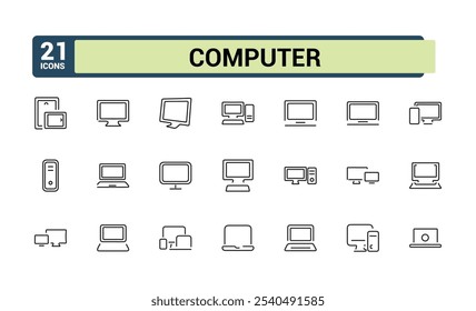 Conjunto de ícones da Web da linha de Componentes de Computador. Relacionado ao símbolo, rom, tecnologia, fio, internet, fone de ouvido, webcam, fonte de alimentação. Coleção de símbolos de tópicos. Traçado vetorial editável.