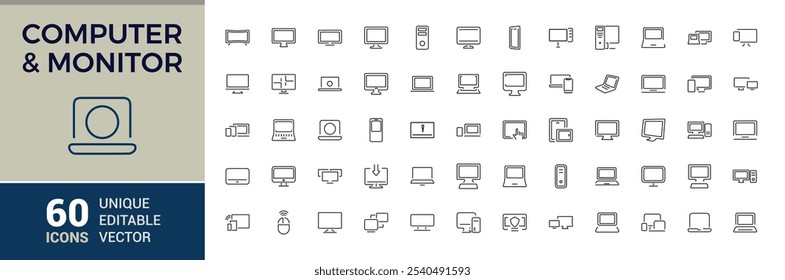 Conjunto de ícones da Web da linha de Componentes de Computador. Relacionado ao símbolo, rom, tecnologia, fio, internet, fone de ouvido, webcam, fonte de alimentação. Coleção de símbolos de tópicos. Traçado vetorial editável.