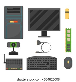 Computer parts network component accessories various electronics devices and desktop pc processor drive hardware memory card vector illustration.