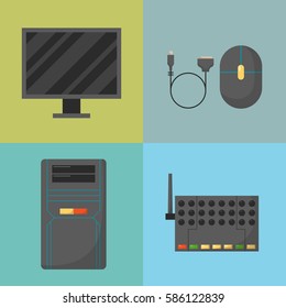 Computer parts network component accessories various electronics devices and desktop pc processor drive hardware memory card vector illustration.