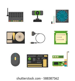 Computer parts network component accessories various electronics devices and desktop pc processor drive hardware memory card vector illustration.