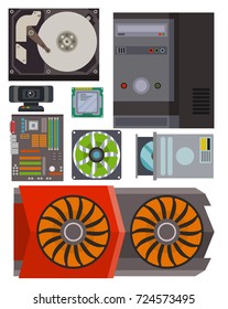 Computer parts network component accessories various electronics devices desktop pc processor drive hardware vector illustration.