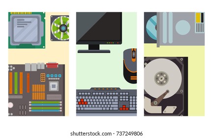 Computer parts network component accessories various electronics devices desktop pc processor drive hardware vector illustration.