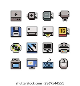 Computer parts old school set of devices retro 80s pixel art flat style icon, flash card, floppy, CD disk, keyboard, monitor, printer, adapter, charger. Game assets 8-bit sprite, sticker, app.