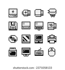 Computer parts old school set of devices retro 80s pixel art flat style icon, flash card, floppy, CD disk, keyboard, monitor, printer, adapter, charger. Game assets 1-bit sprite, sticker, app.