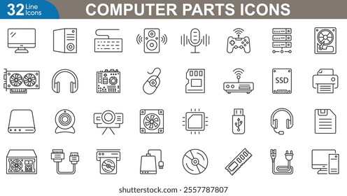 Computer parts outline icons set. Processor, graphics card, motherboard, ram, storage, monitor, keyboard, mouse and more. vector illustration