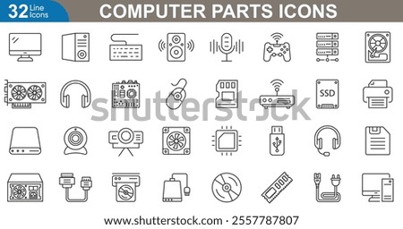 Computer parts outline icons set. Processor, graphics card, motherboard, ram, storage, monitor, keyboard, mouse and more. vector illustration