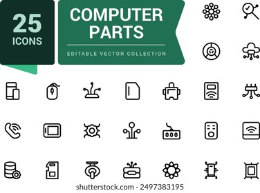 Computer Parts and PC Hardware and accessories icons set. Set of computer parts, CPU, GPU, SSD, PC Case, mouse, keyboard. Simple editable vector stroke illustration.