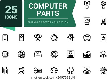 Computer Parts and PC Hardware and accessories icons set. Set of computer parts, CPU, GPU, SSD, PC Case, mouse, keyboard. Simple editable vector stroke illustration.