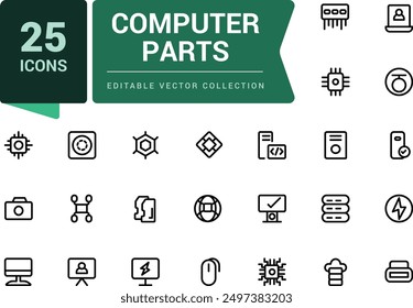 Computer Parts and PC Hardware and accessories icons set. Set of computer parts, CPU, GPU, SSD, PC Case, mouse, keyboard. Simple editable vector stroke illustration.
