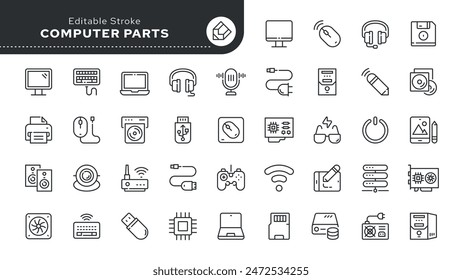 Computer parts - series. Monitor, laptop, mouse, keyboard, system unit, motherboard, CD player and other components. Set of line icons in linear style. Outline icon collection. Conceptual pictogram