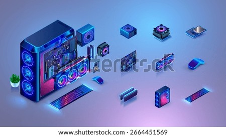 Computer parts set in isometric. 3D vector realistic color icons of processor, motherboard, RAM, cooler, power supply, computer case, graphics card. Computer hardware. Assembling a desktop pc computer